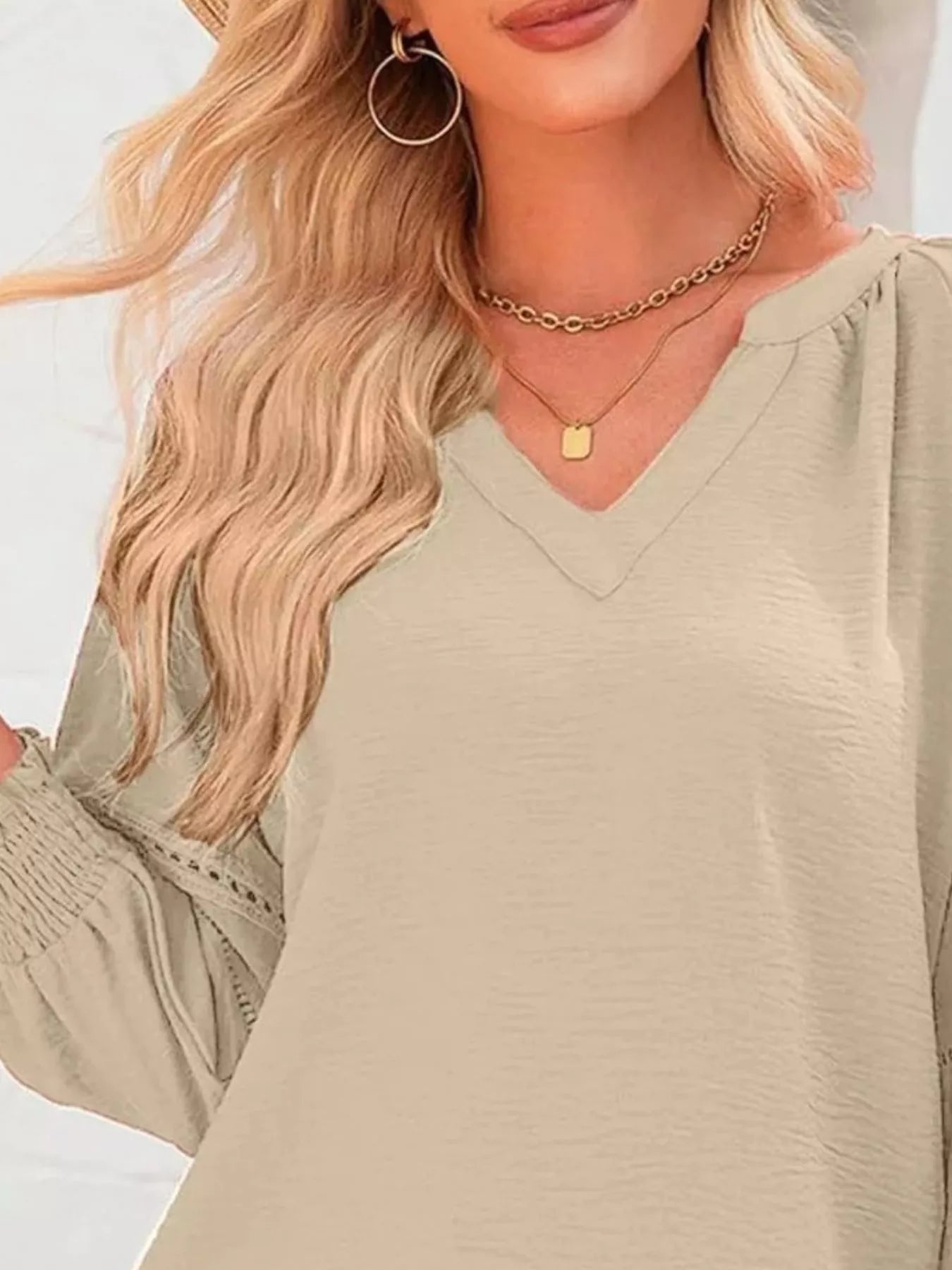 Solid Color Smocked Long Sleeve Blouse