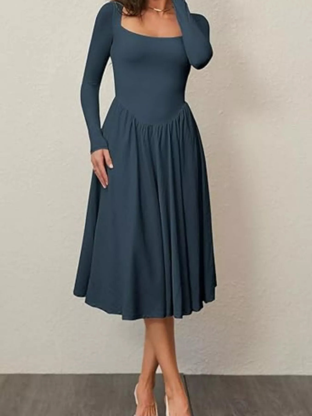 Square Neck Long Sleeve Midi Dress