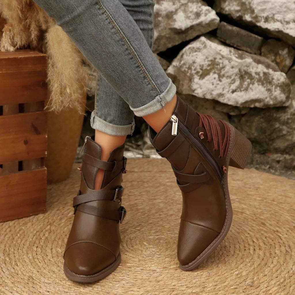 Point Toe Buckle Strap Ankle Boots with Block Heels