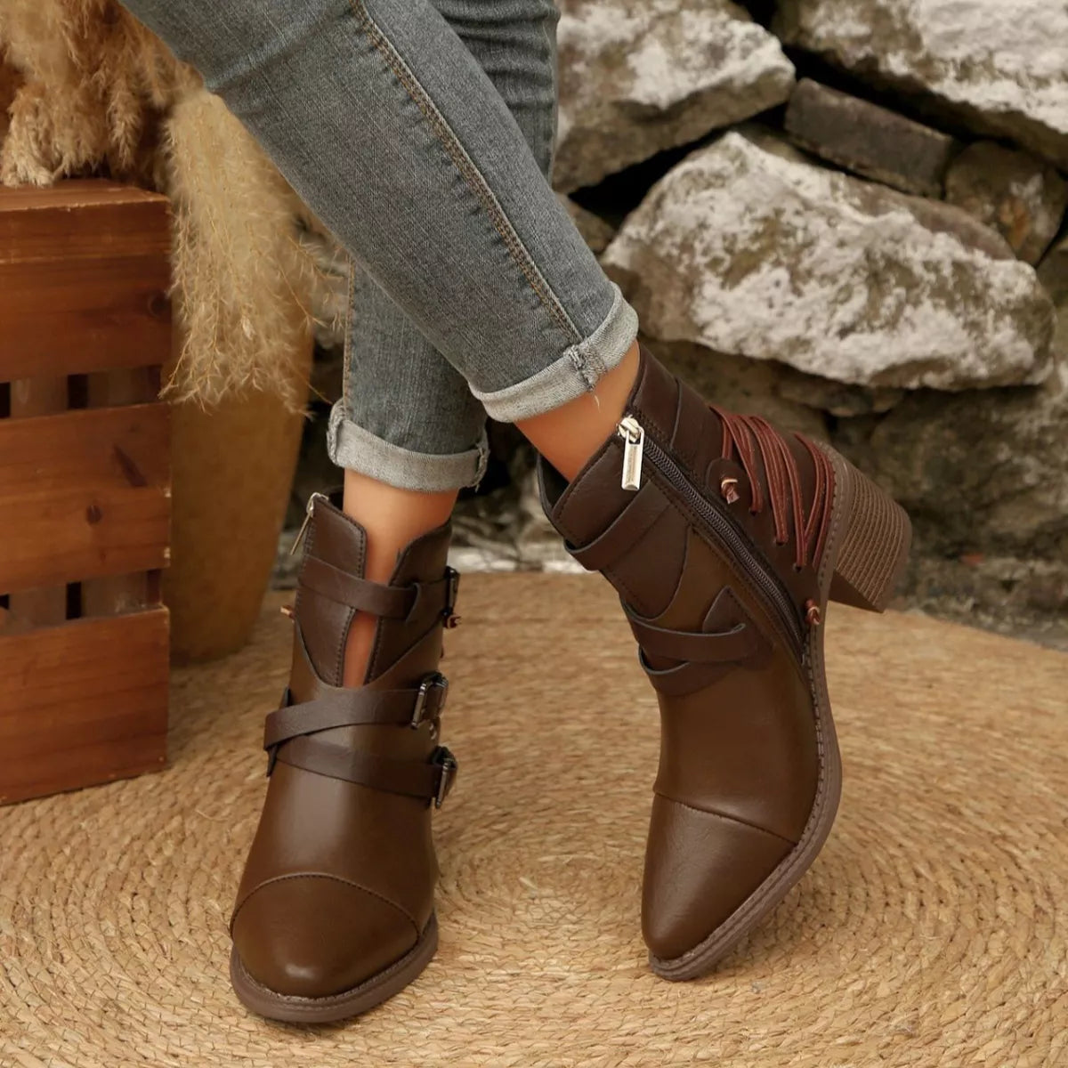 Point Toe Buckle Strap Ankle Boots with Block Heels