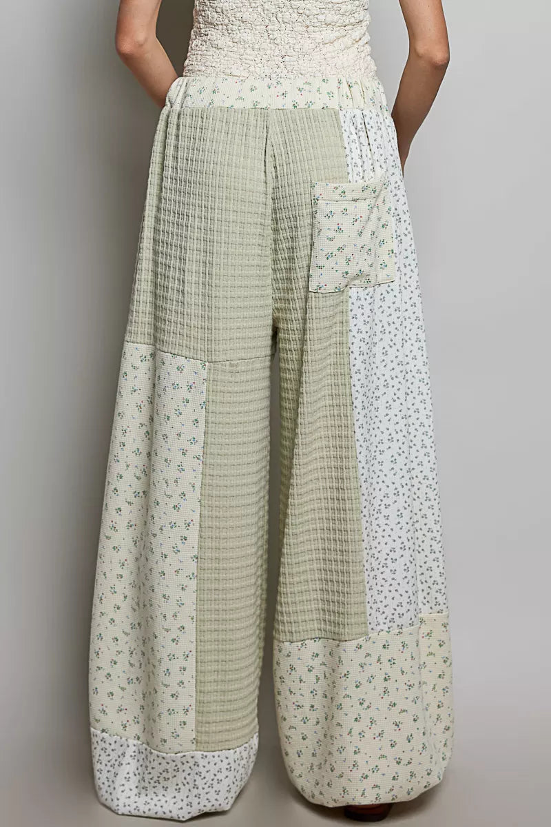 POL Patchwork Mixed Knit Wide Leg Pants
