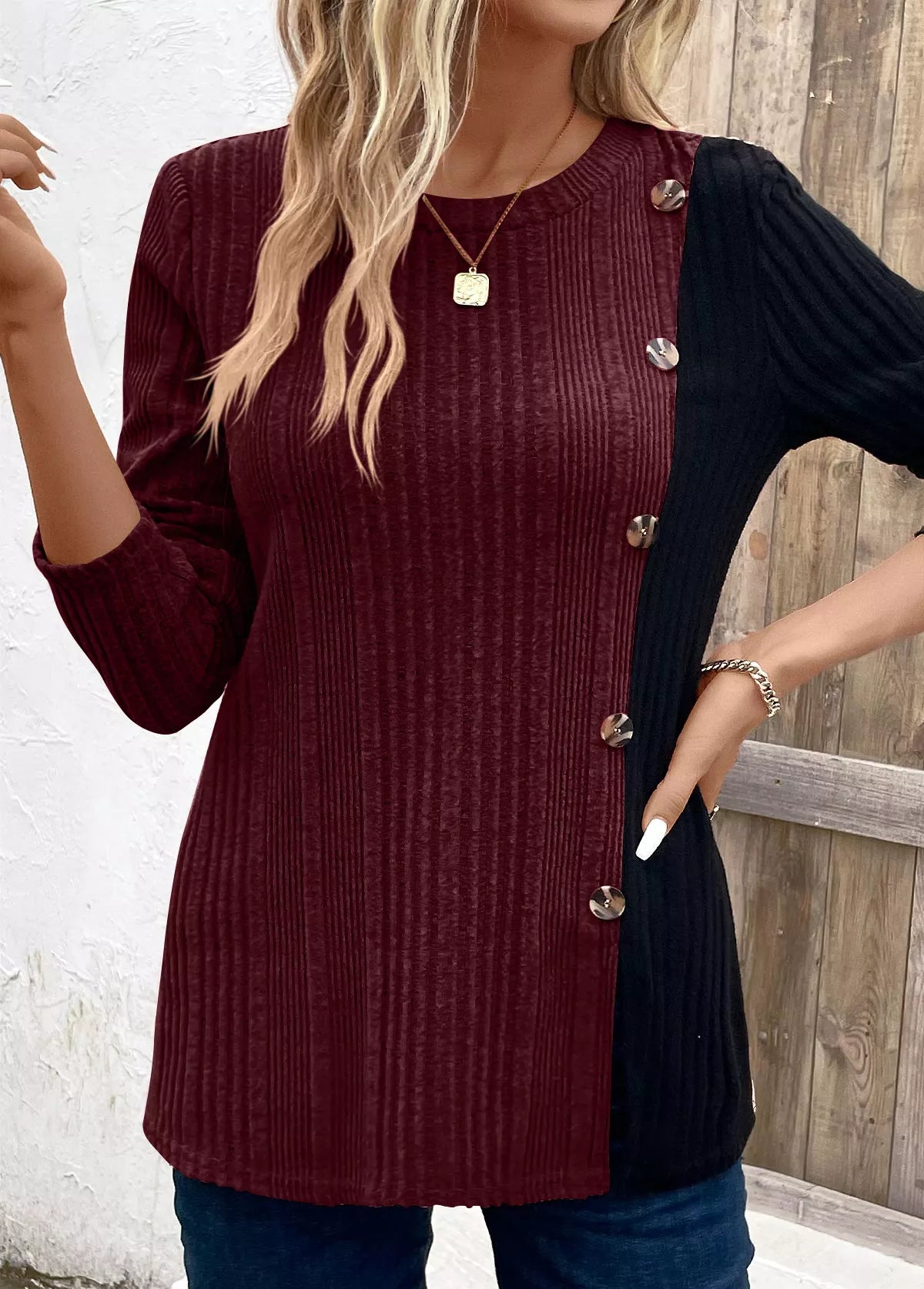 Color Block Ribbed Knit T-Shirt
