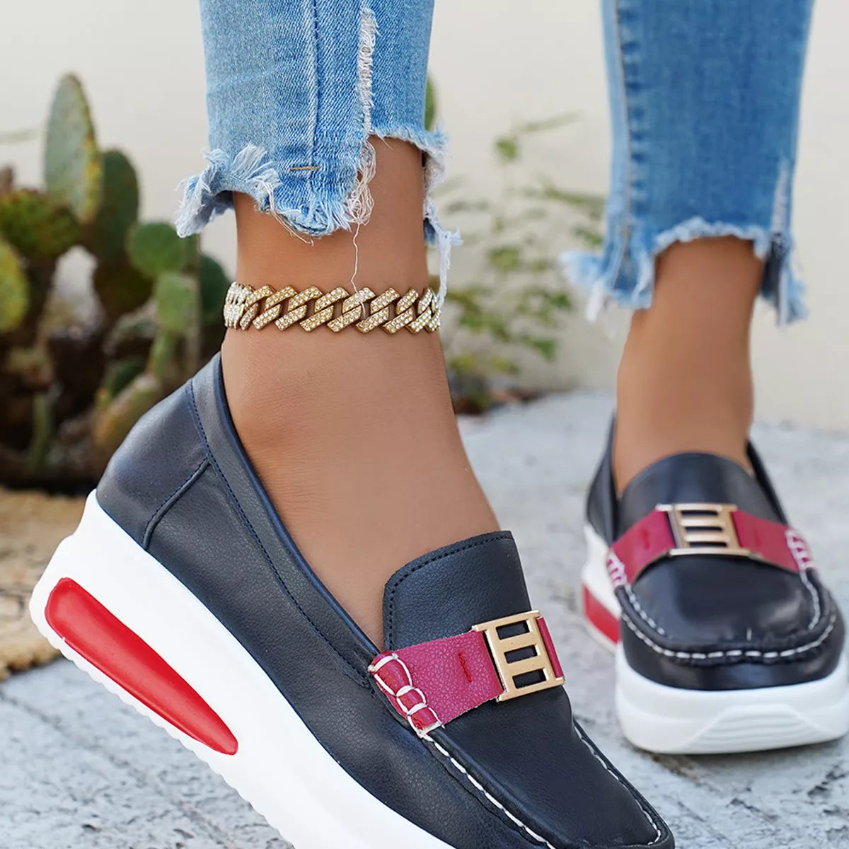 Metal Buckle Round Toe Slip-Ons
