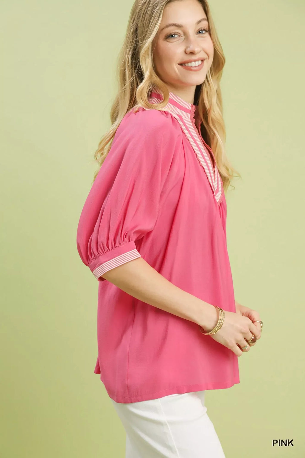 Umgee Solid Contrast Trim Pleated Top