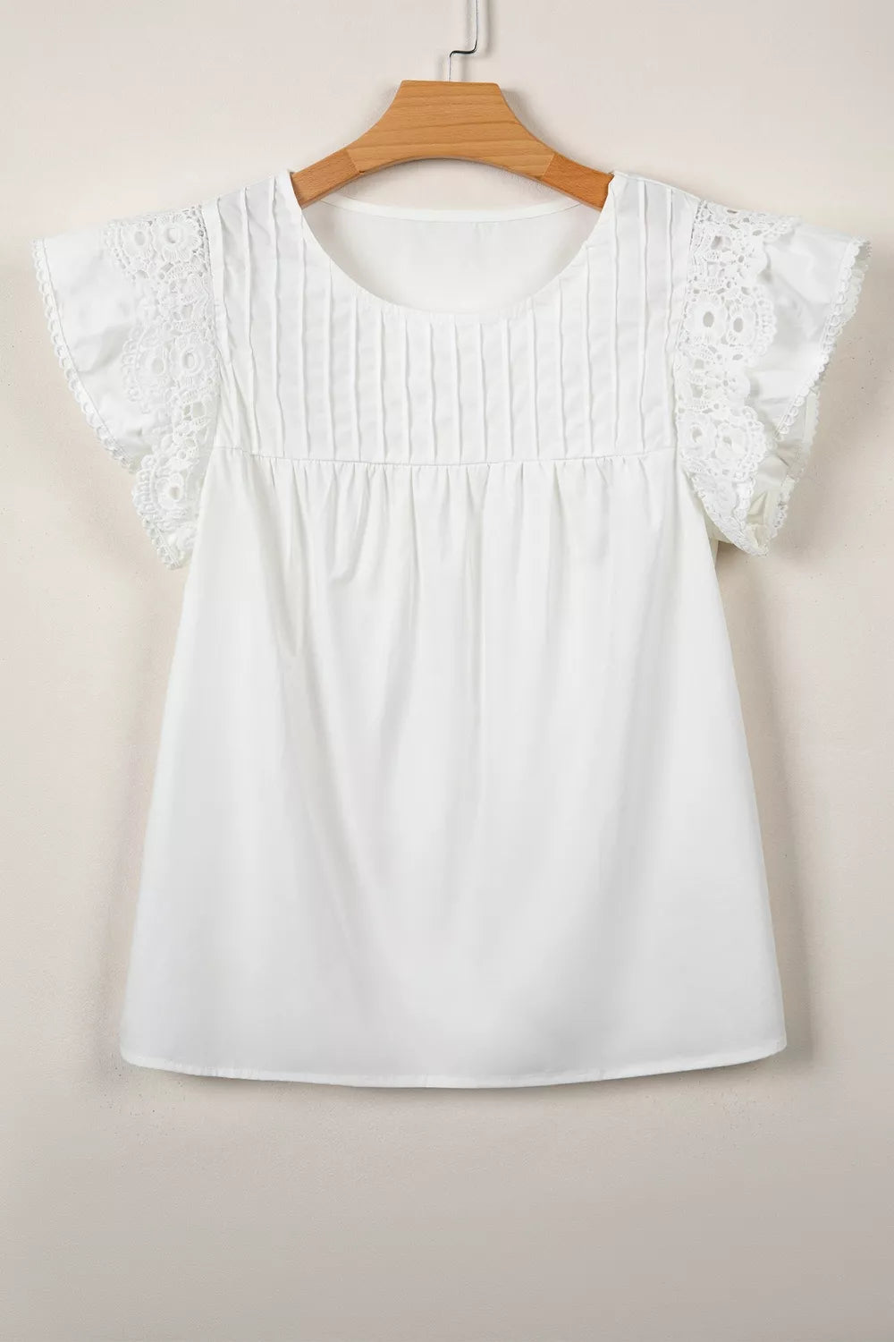 Lace Detail Flutter Sleeve Pleated Round Neck Blouse