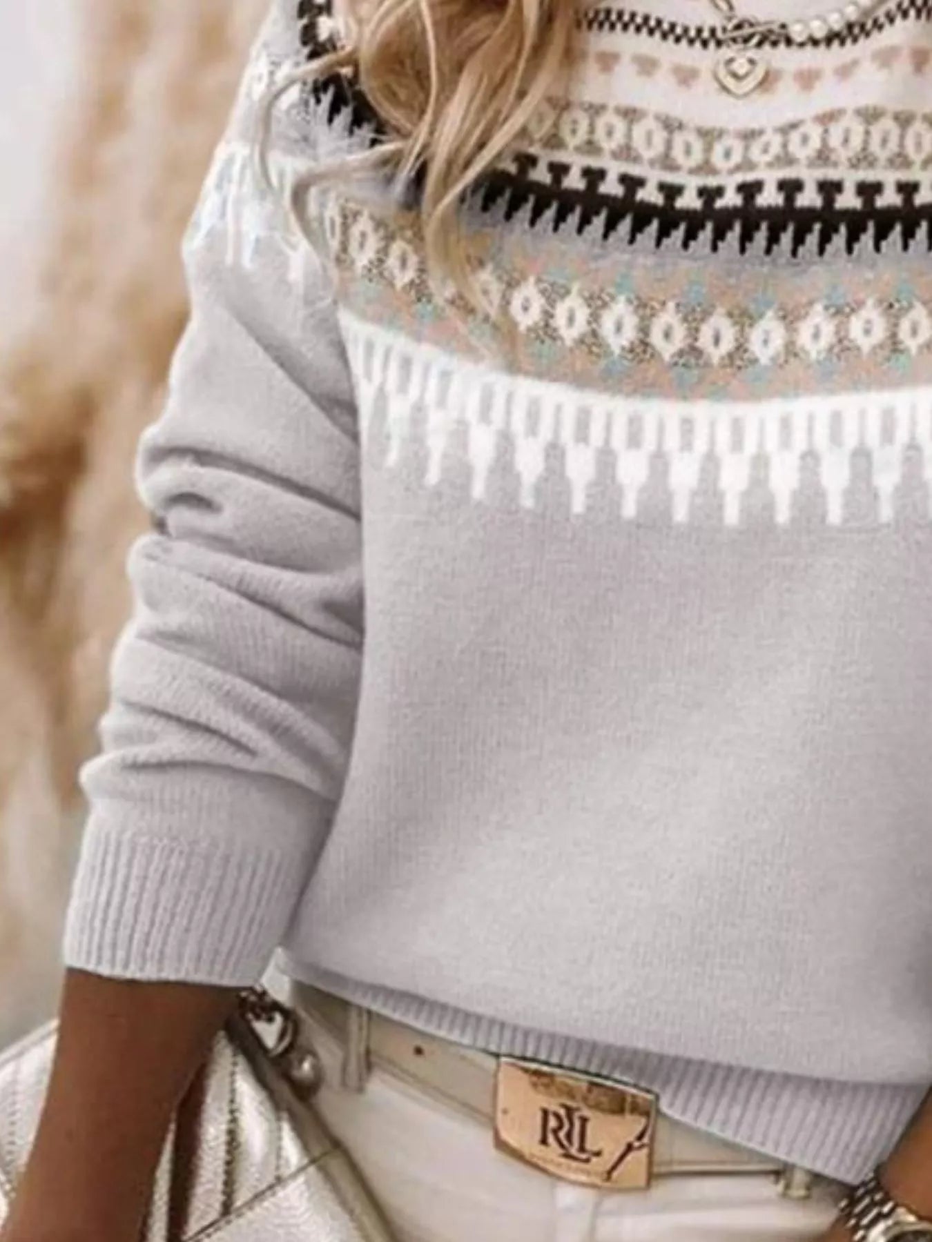 Full Size Vintage Patterned Round Neck Sweater Plus Size