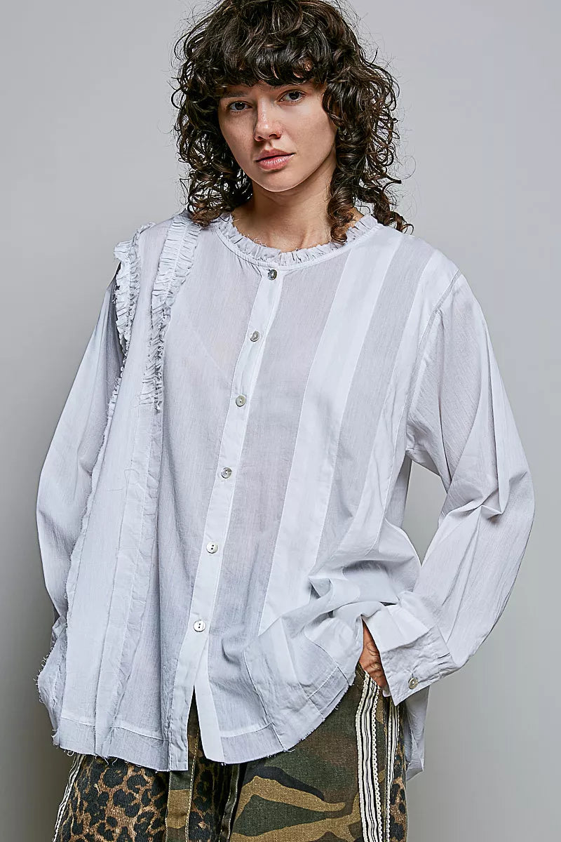 POL Lightweight Ruffle Trim Round Neck Woven Shirt