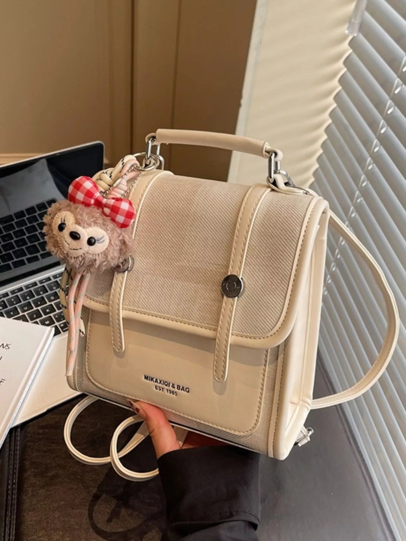 Flap Backpack Bag with Plush Charm