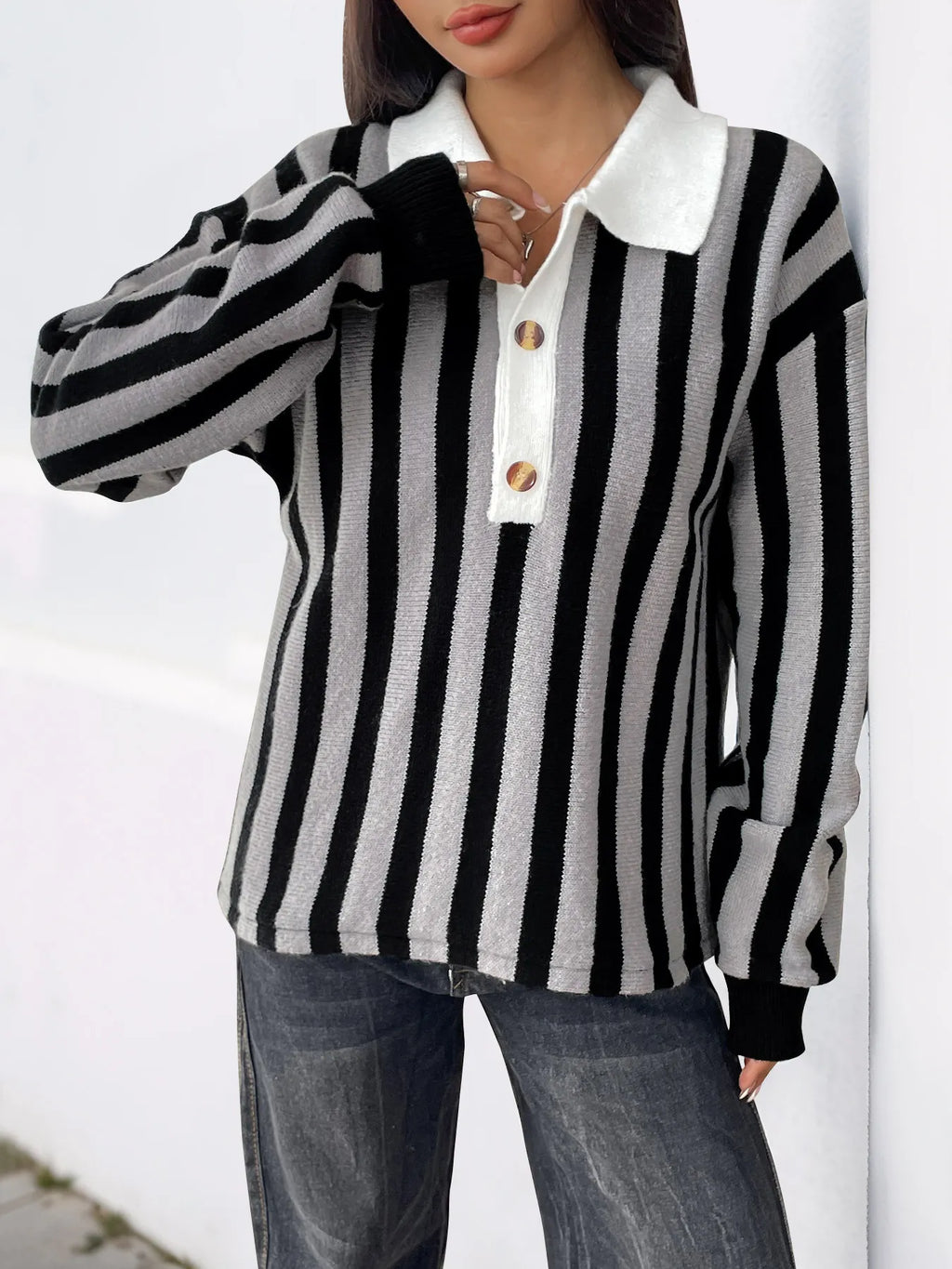 Striped Button Front Long Sleeve Sweater