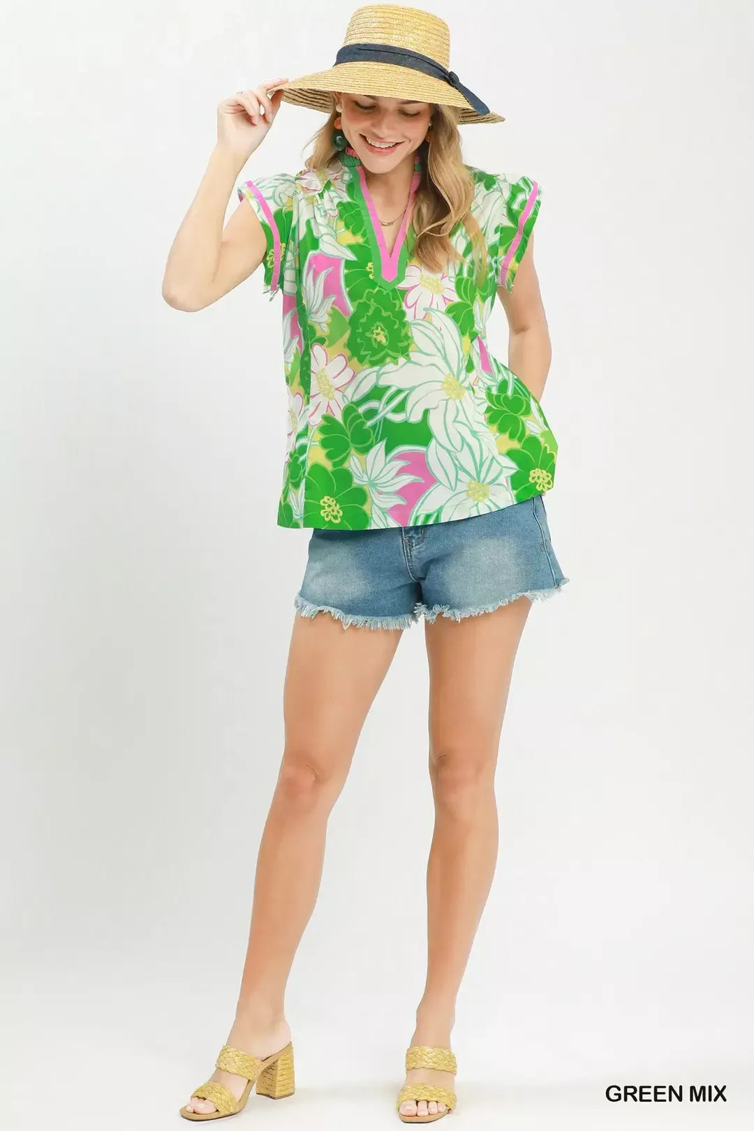 Umgee Bold Floral Flutter Sleeve Top