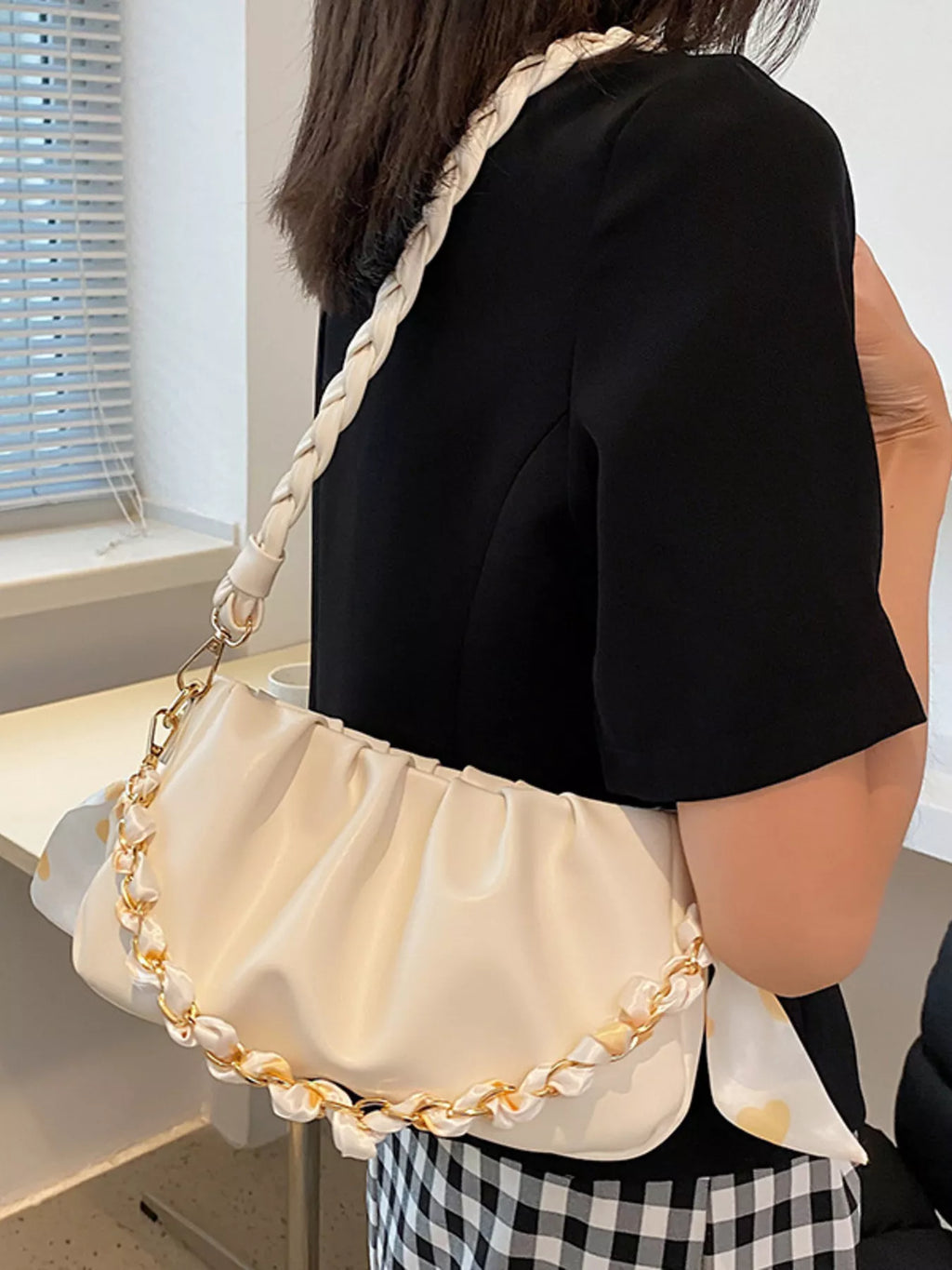 Ruched Braided Handle Shoulder Bag