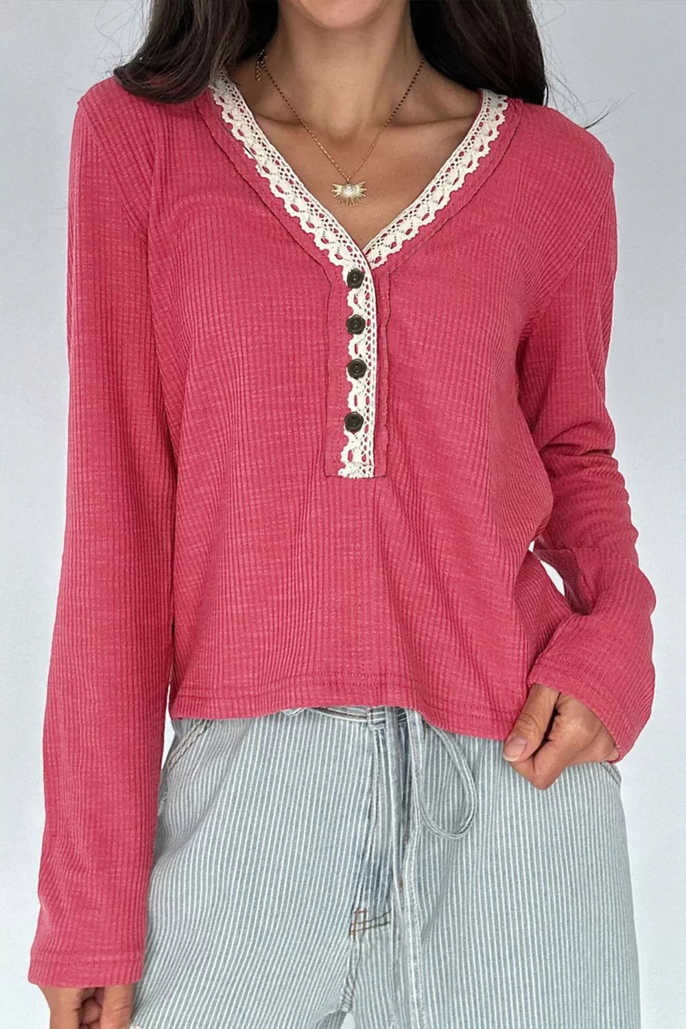 Lace Trim Ribbed Knit Henley Blouse