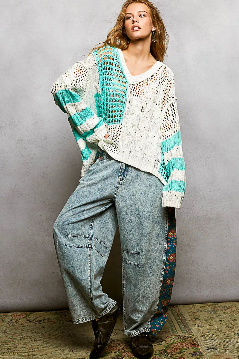 POL Color-Blocked Stripe Pattern Knit Top with Twisted Weave