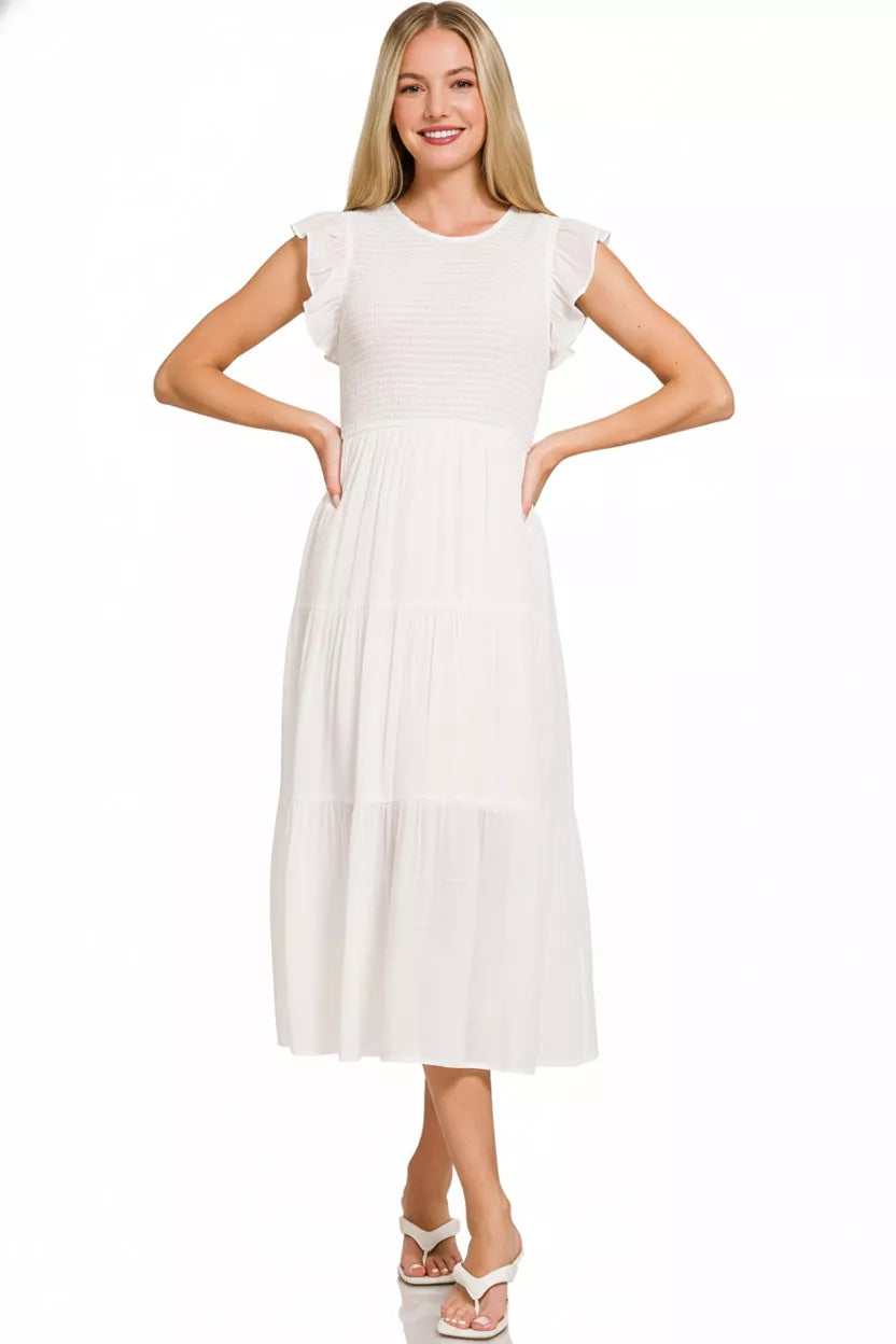 Zenana Woven Smocked Ruffle Sleeve Midi Dress