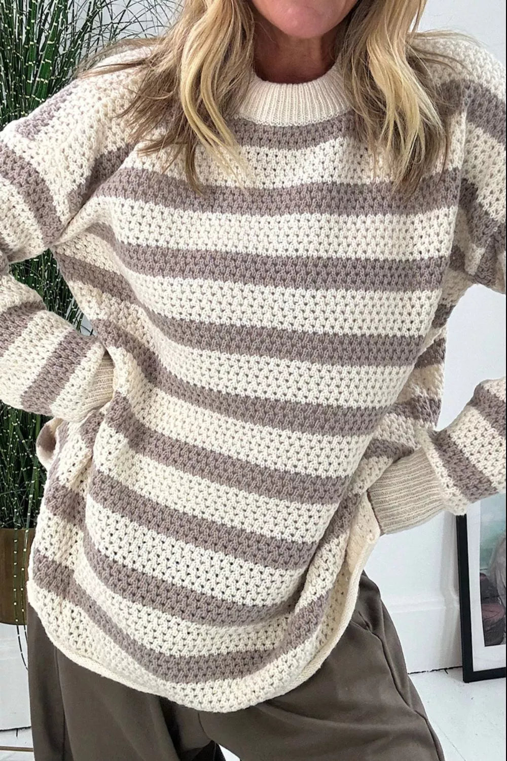 Striped Knit Dropped Shoulder Sweater