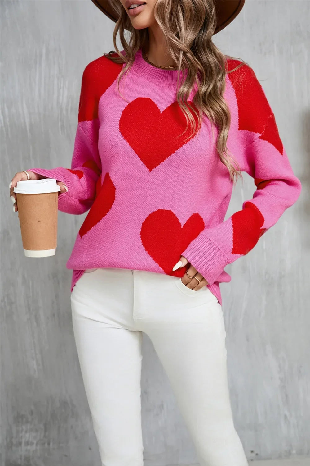 Angel Wings Contrast Heart Dropped Shoulder Long Sleeve Sweater