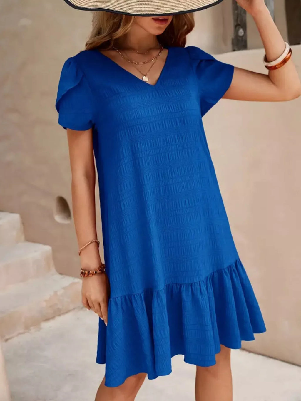 V-Neck Ruffle Hem Textured Mini Dress
