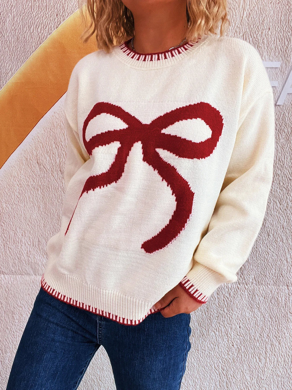 Bow Pattern Round Neck Sweater