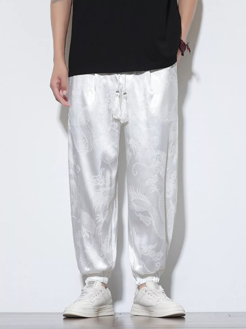 Men's Plus Size Dragon Pattern Silk Joggers