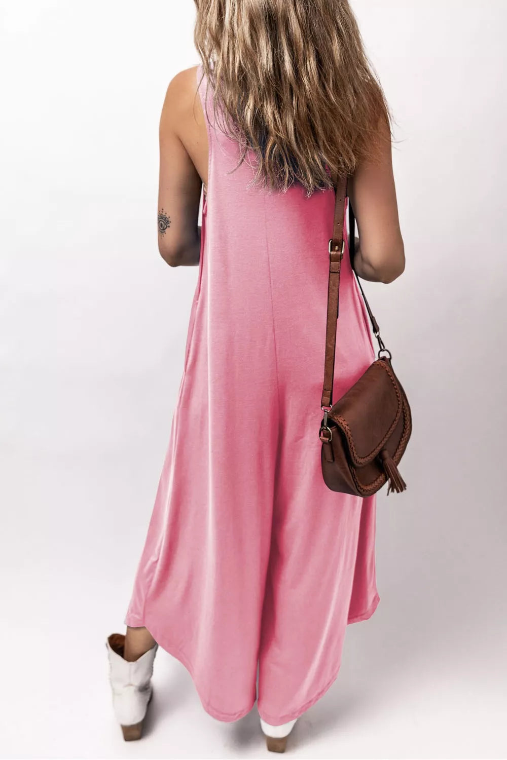 Sleeveless V Neck Pocketed Wide Leg Jumpsuit