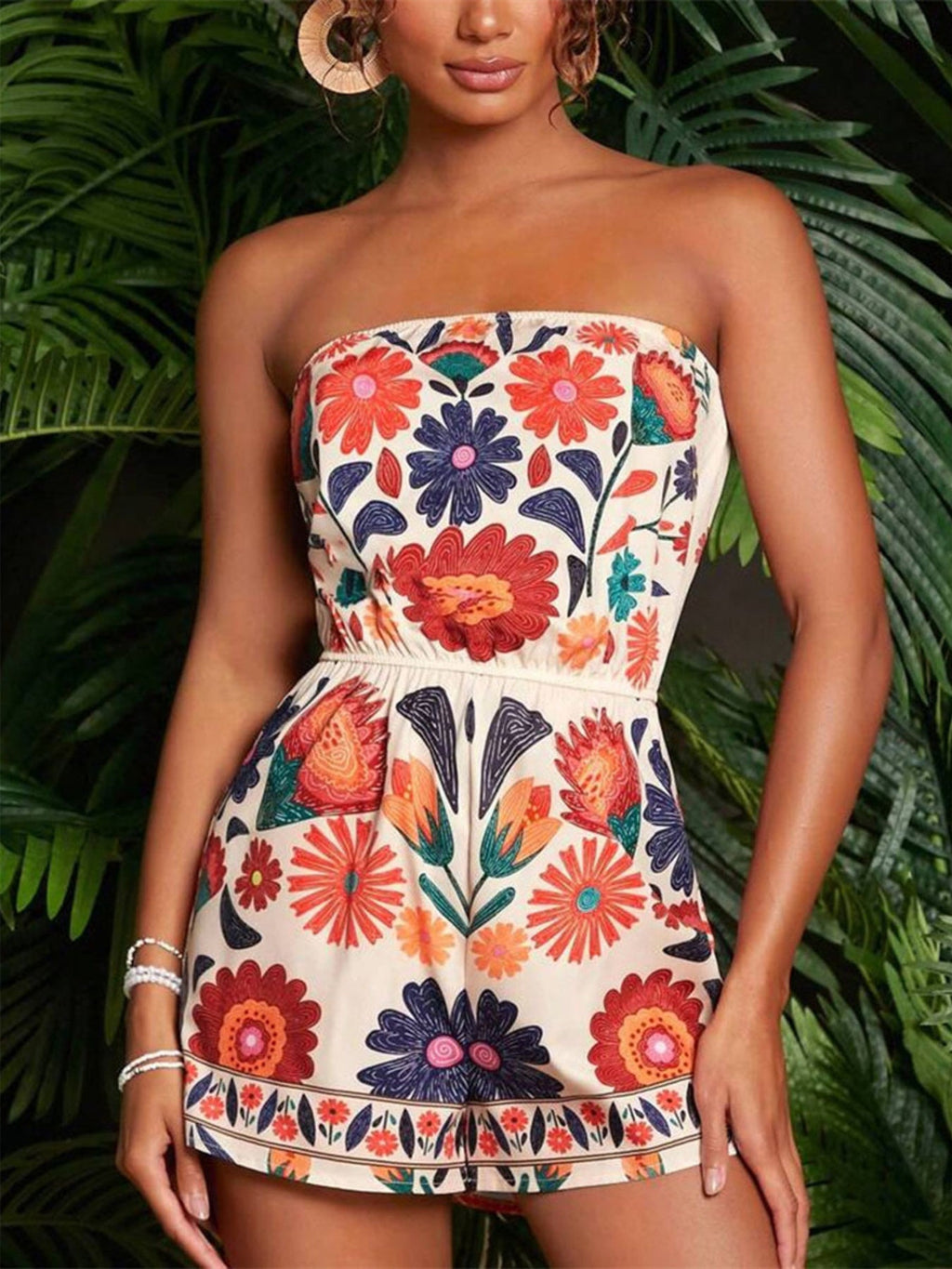 Floral Print Strapless Elastic Waist Romper