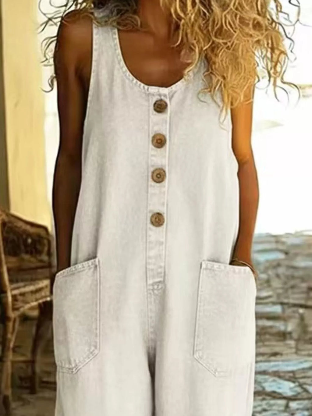 Full Size Button Detail Wide Strap Jumpsuit Plus Size