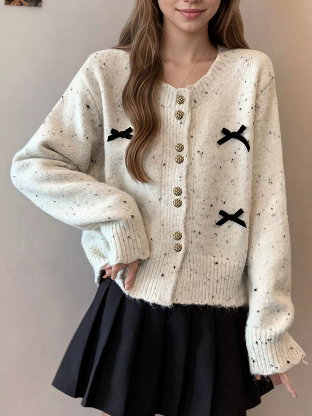 Bow Button Up Ribbed Hem Cardigan