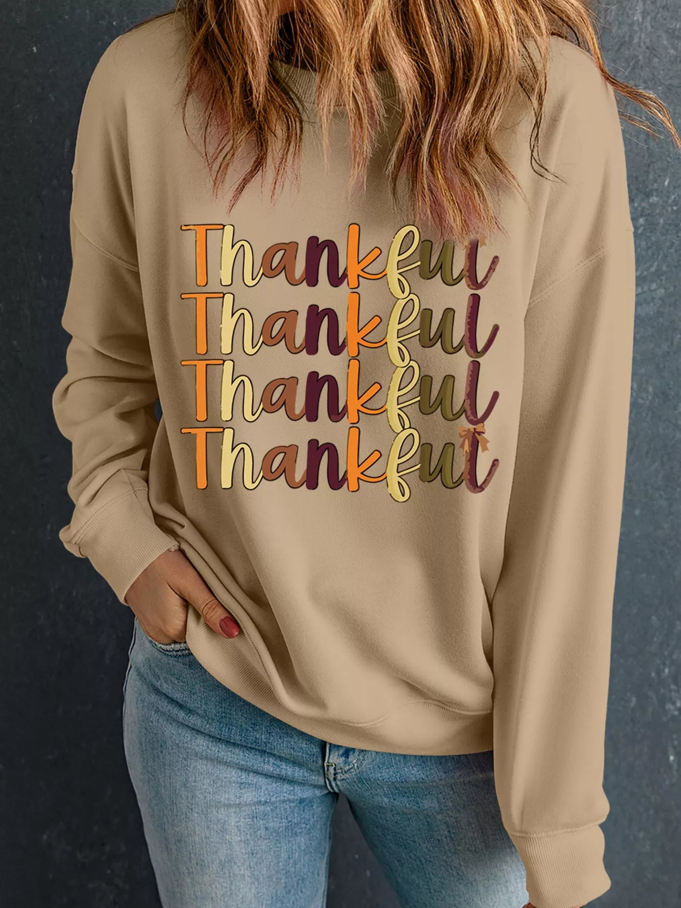 Thankful Repeated Print Drop Shoulder Sweatshirt