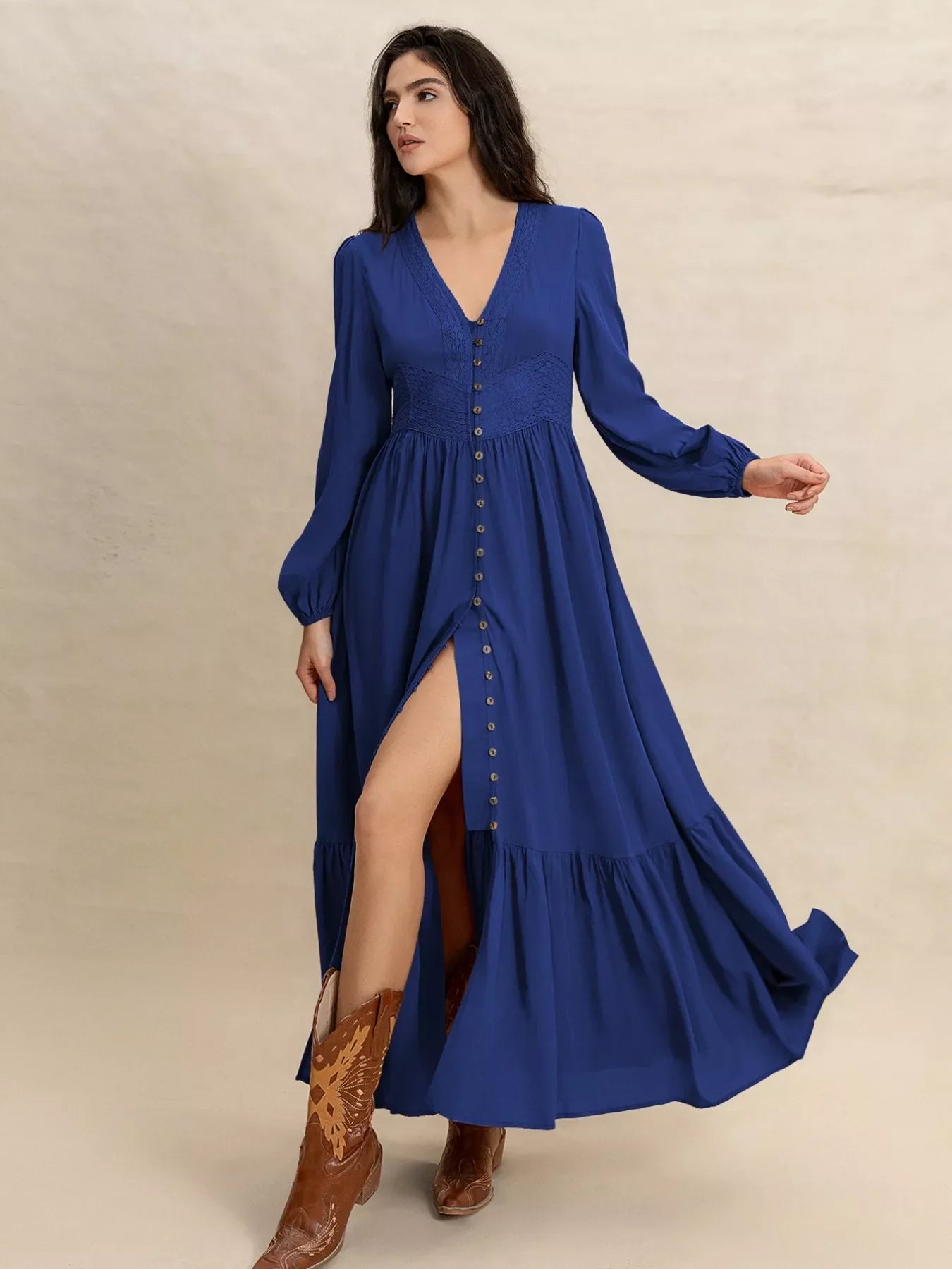 Plus Size Slit V-Neck Long Sleeve Maxi Dress