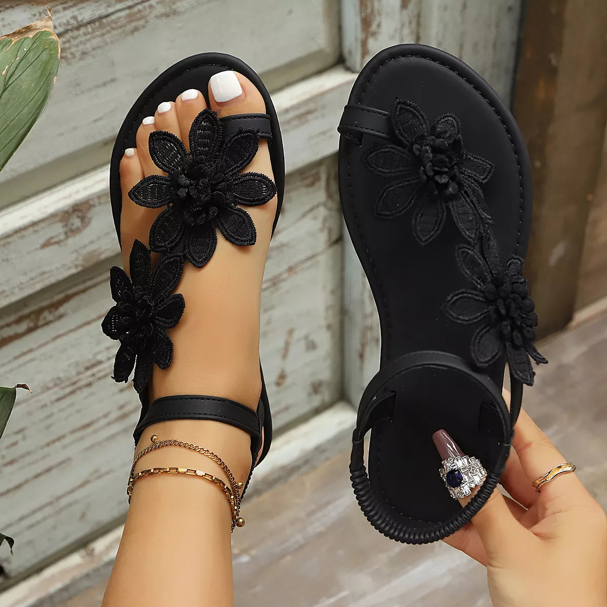 Floral Embellished Flat Sandals
