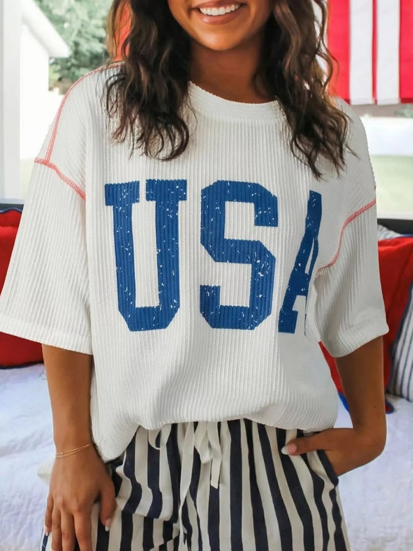 USA Graphic Half Sleeve Loose Ribbed Top