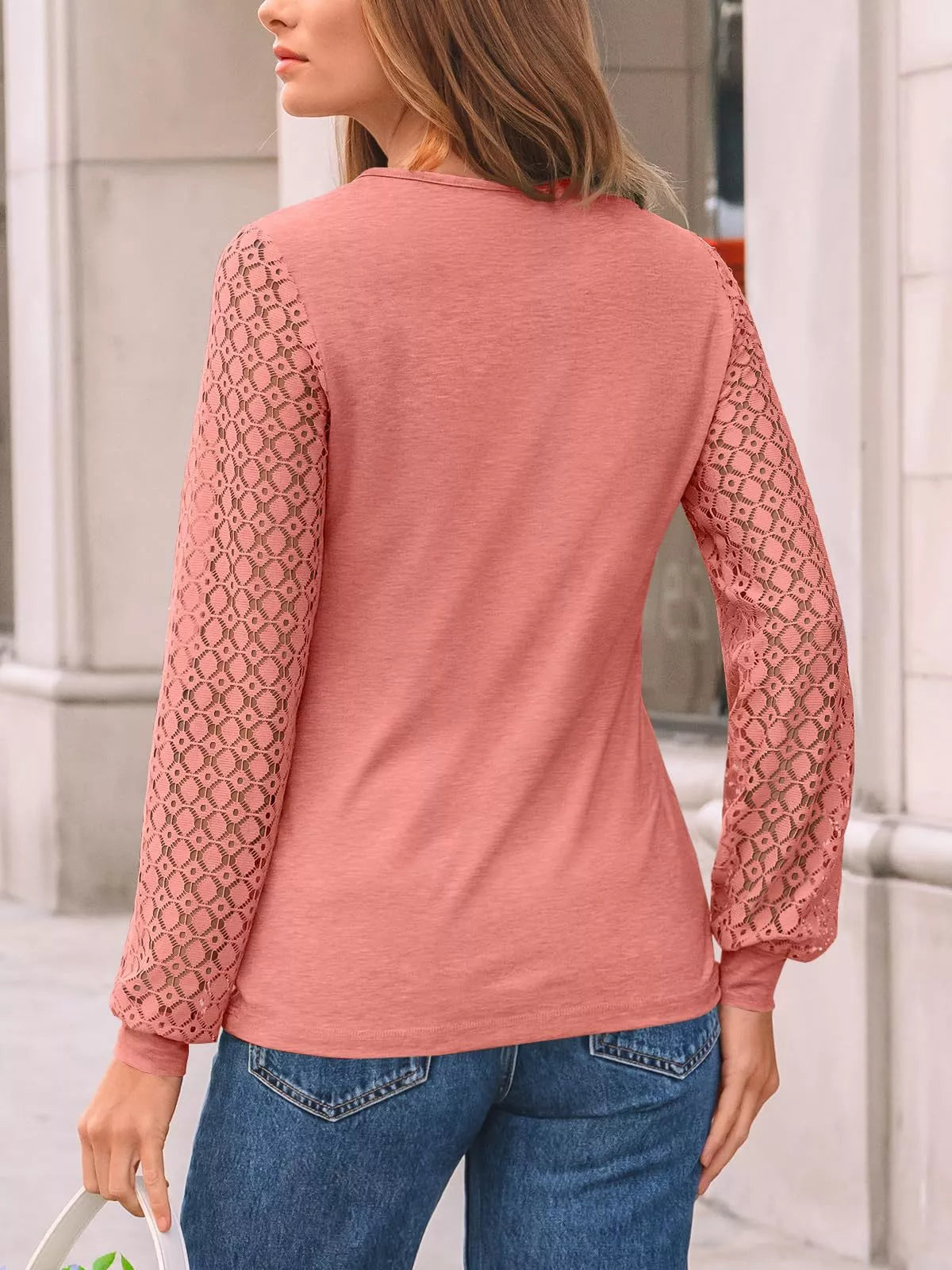 Lace Sleeve Crew Neck T-Shirt