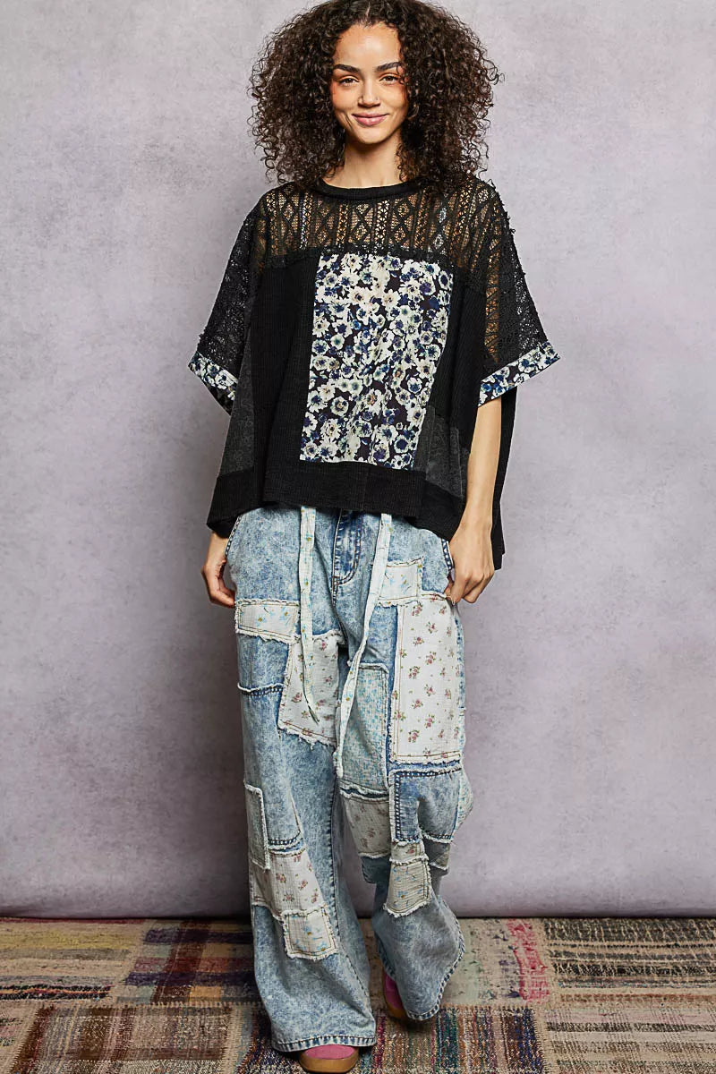 POL Floral Patchwork Lace Accent Blouse
