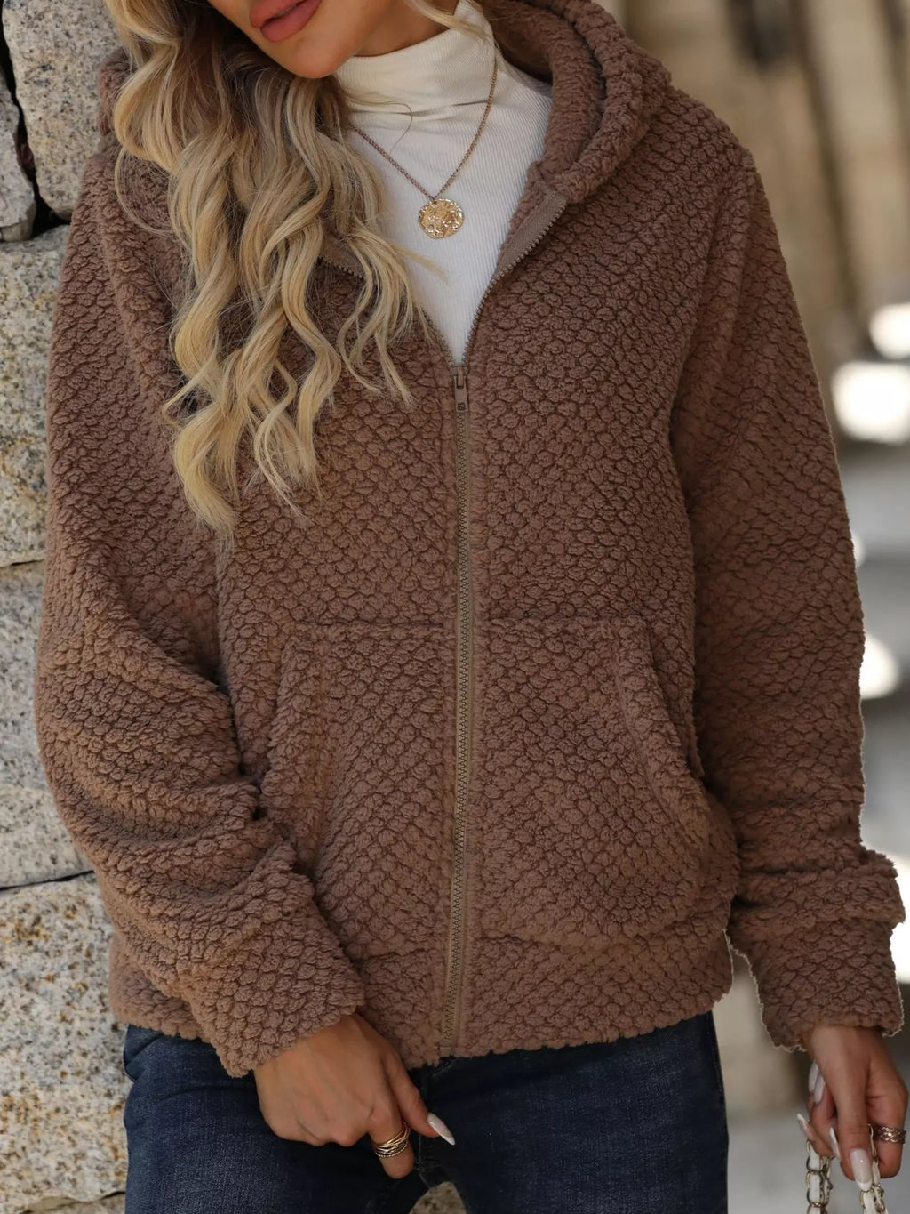 Textured Knit Zip-Up Hooded Outerwear