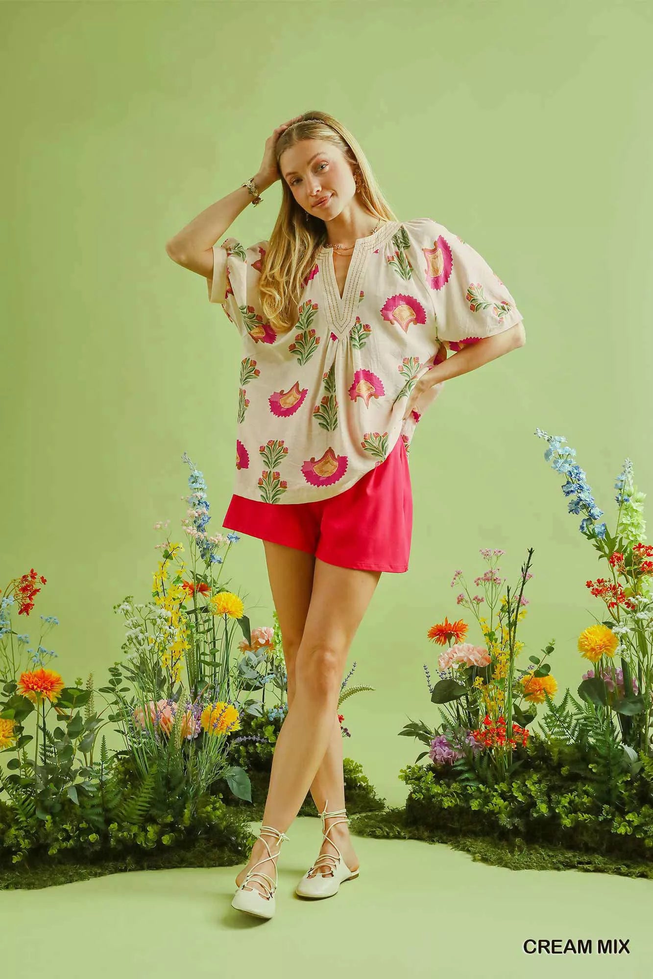 Umgee Abstract Print Blouse with Ruched Detail