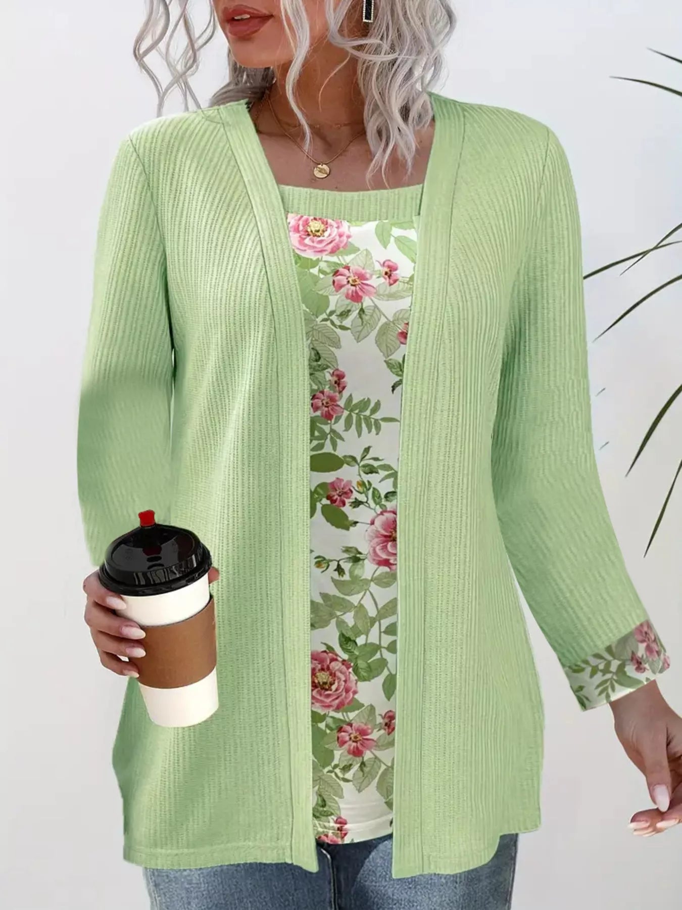 Floral Print Casual Fake Two Piece Top
