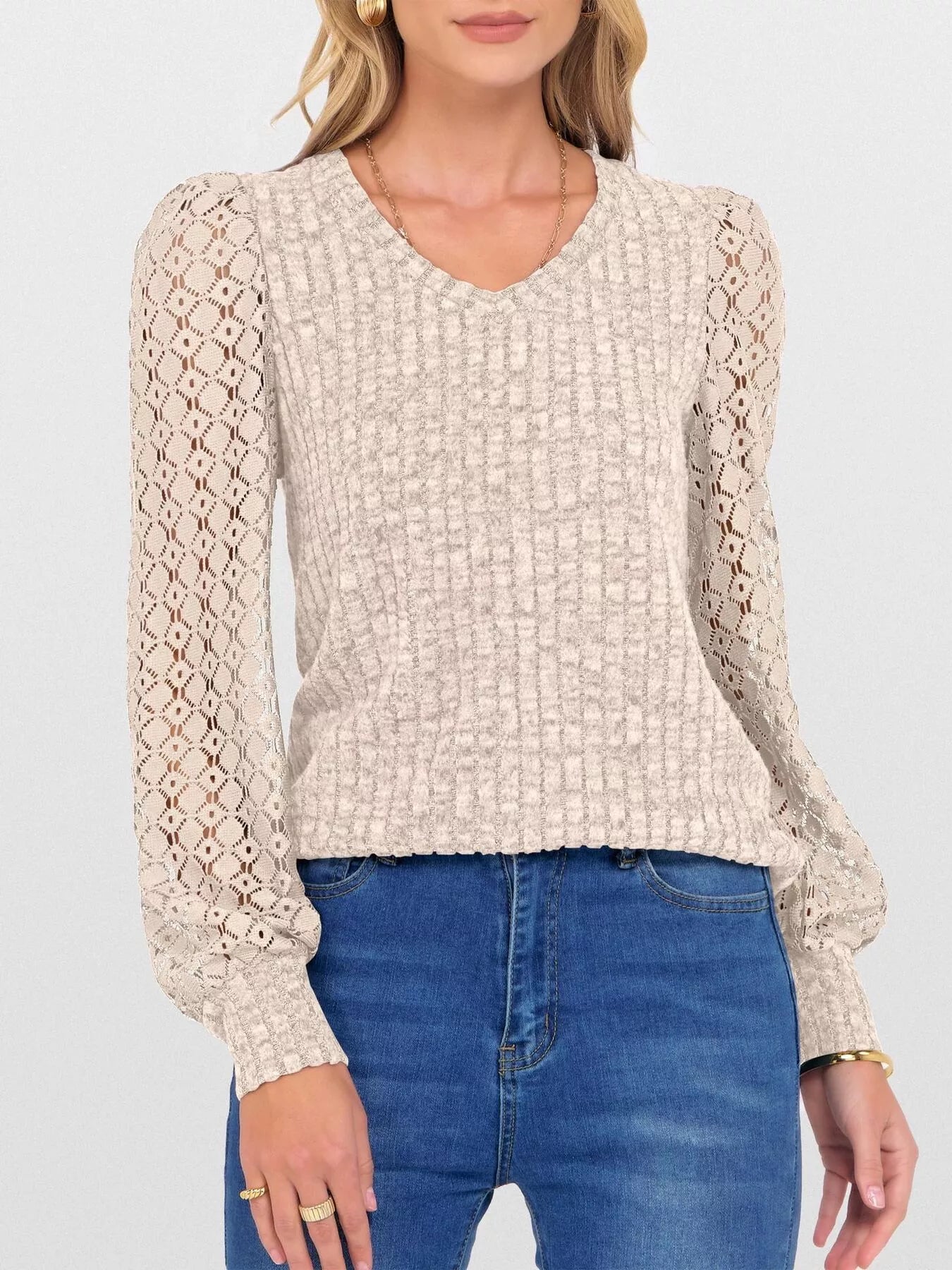 Lace Sleeve V-Neck T-Shirt