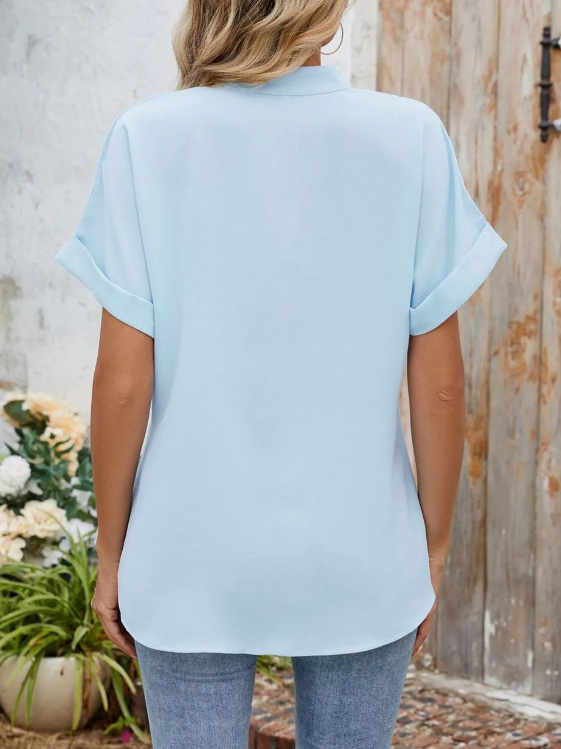 Notched Short Sleeve Blouse