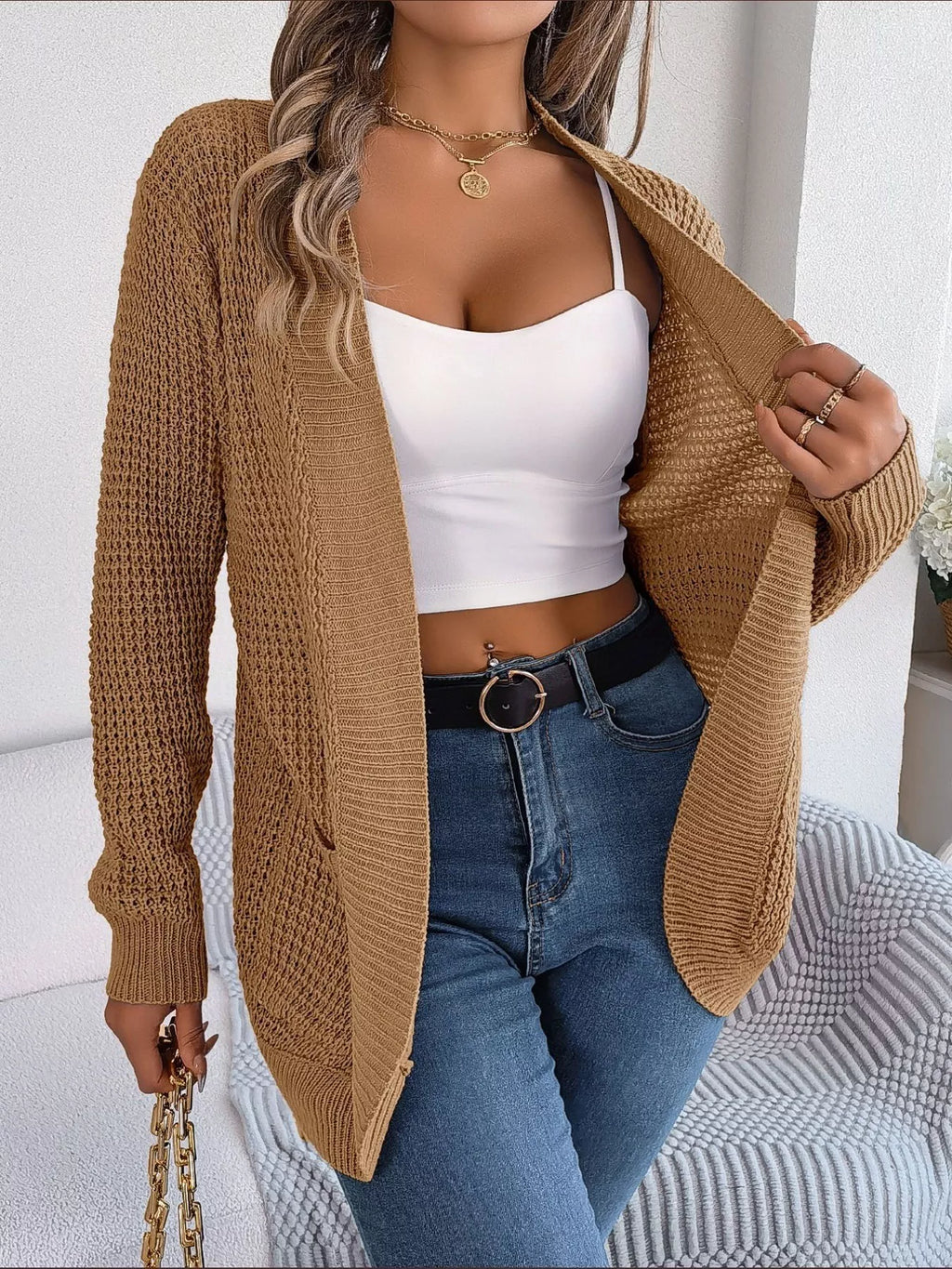 Chunky Knit Open Front Cardigan with Pockets