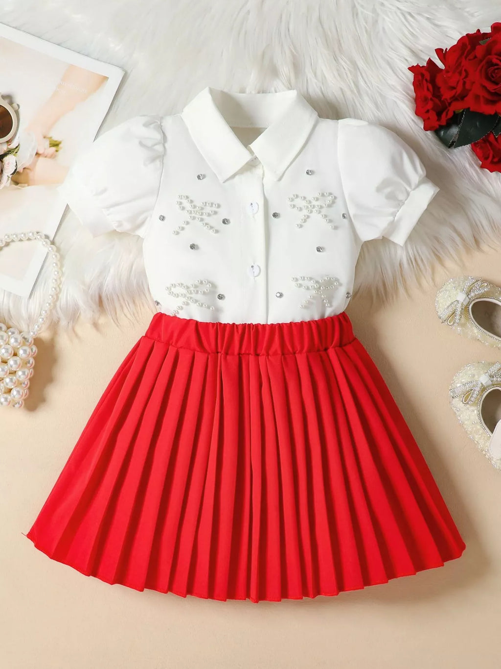 Children's Bow-Embellished Top & Pleated Skirt Set