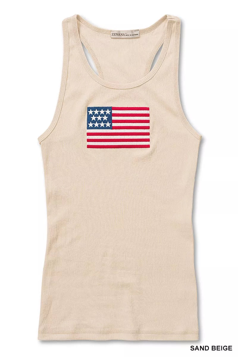 Zenana American Flag Embroidery Stretchy Ribbed Tank