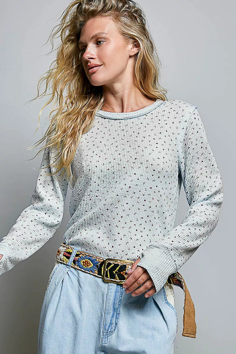 POL Ribbed Knit Floral Crew Neck Long Sleeve Top