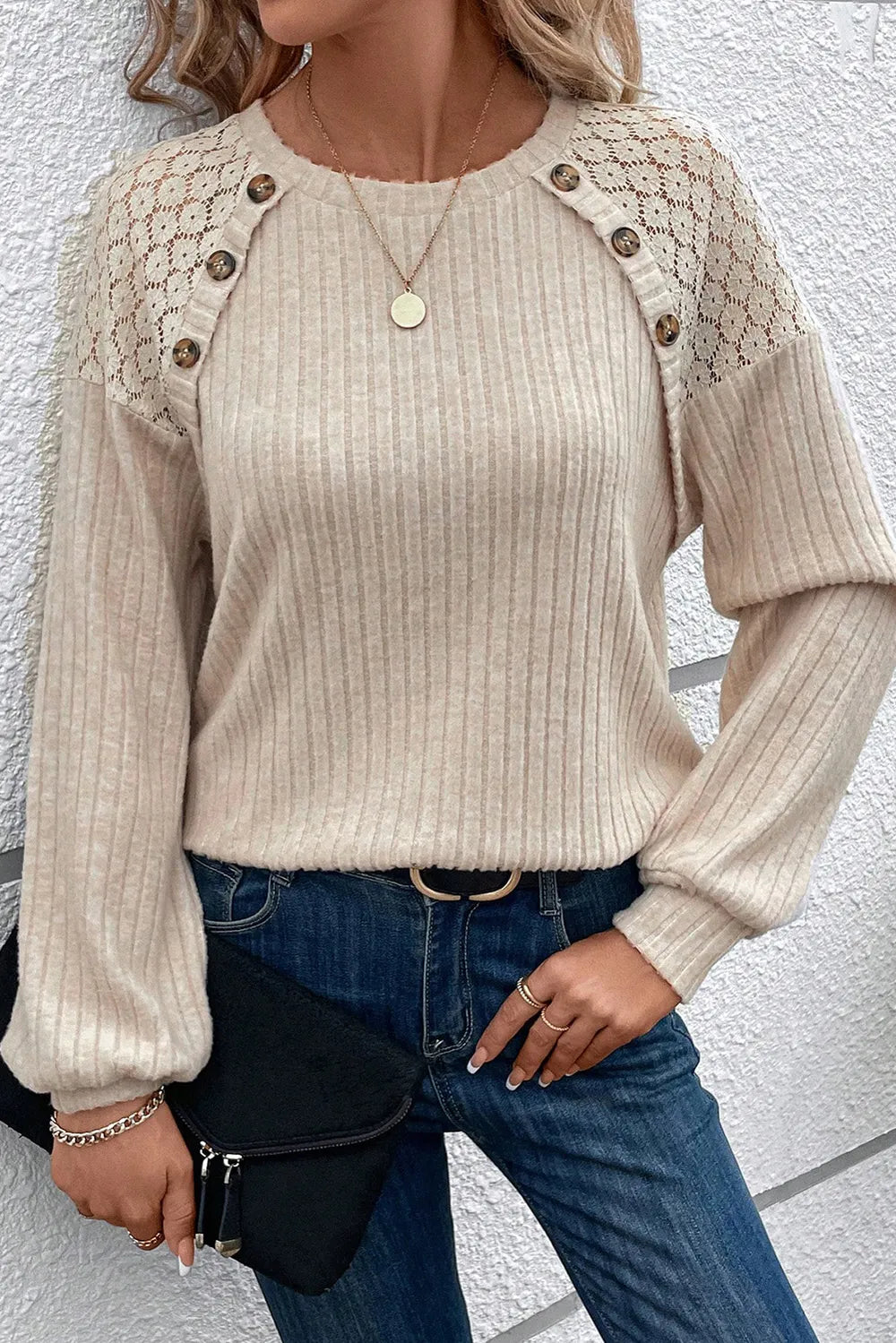 Ribbed Decorative Button Round Neck Top with Lace Detail