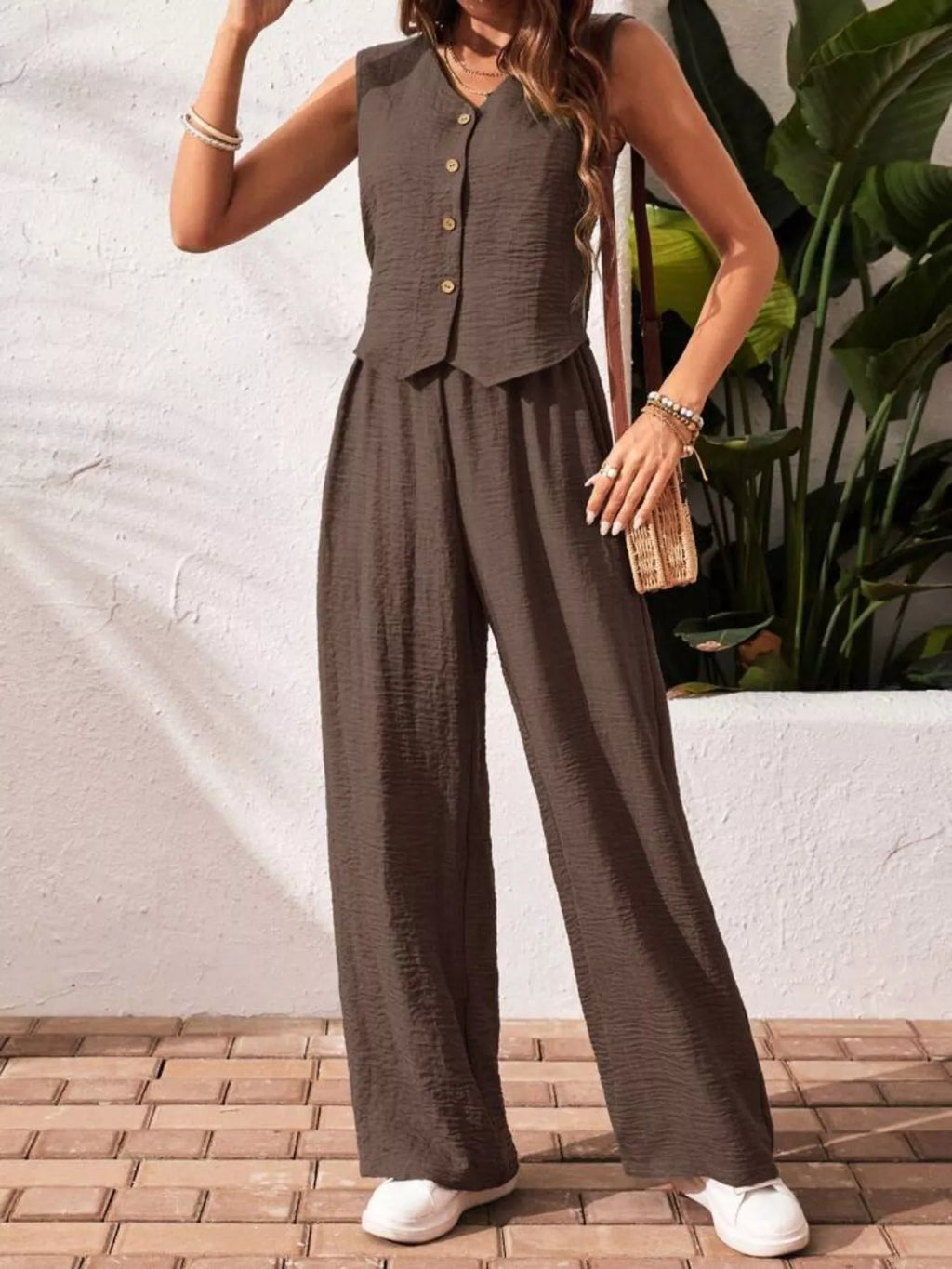 Button-Down Vest & Wide Leg Pants Set