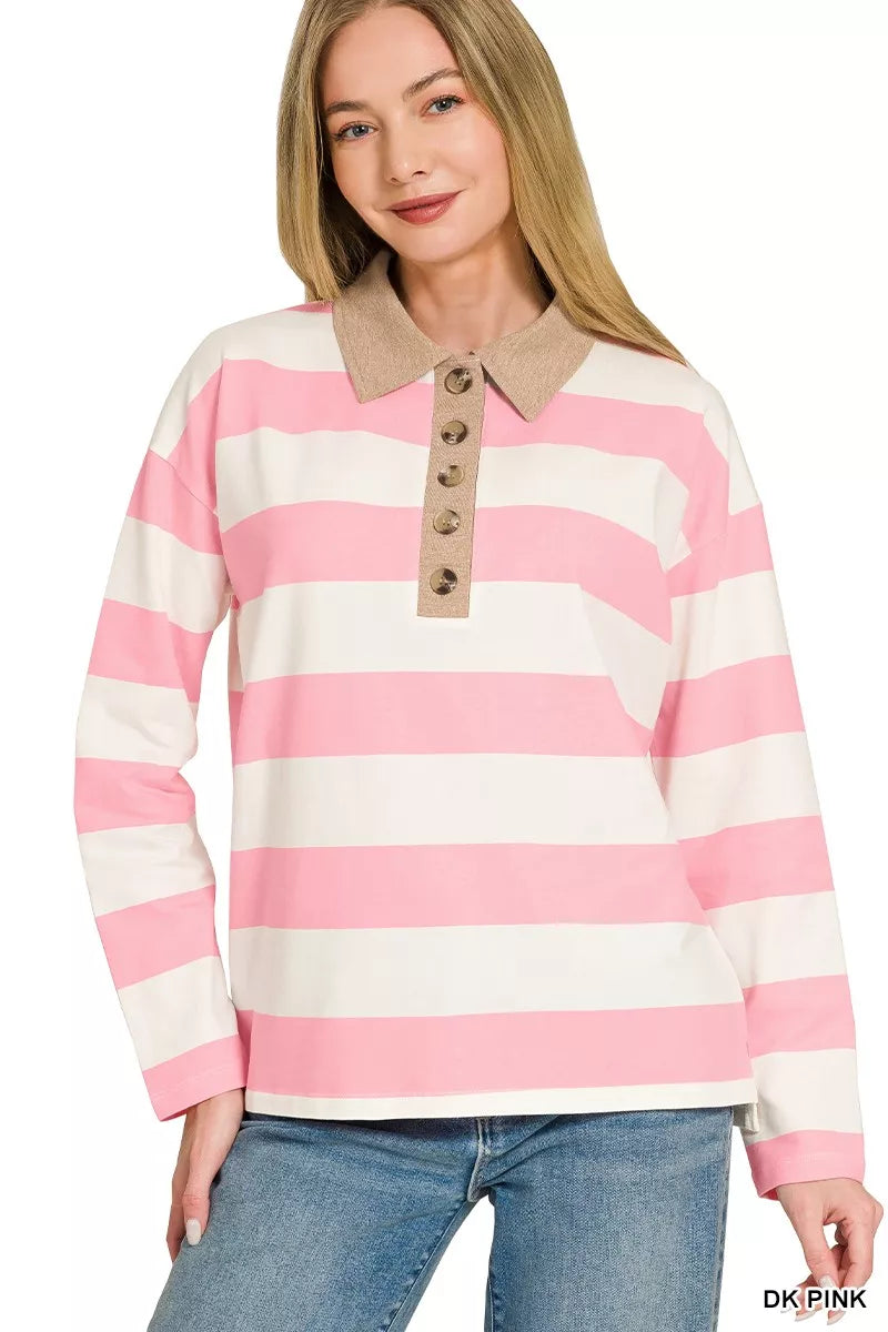 Zenana Striped Contrast Collar Polo Top