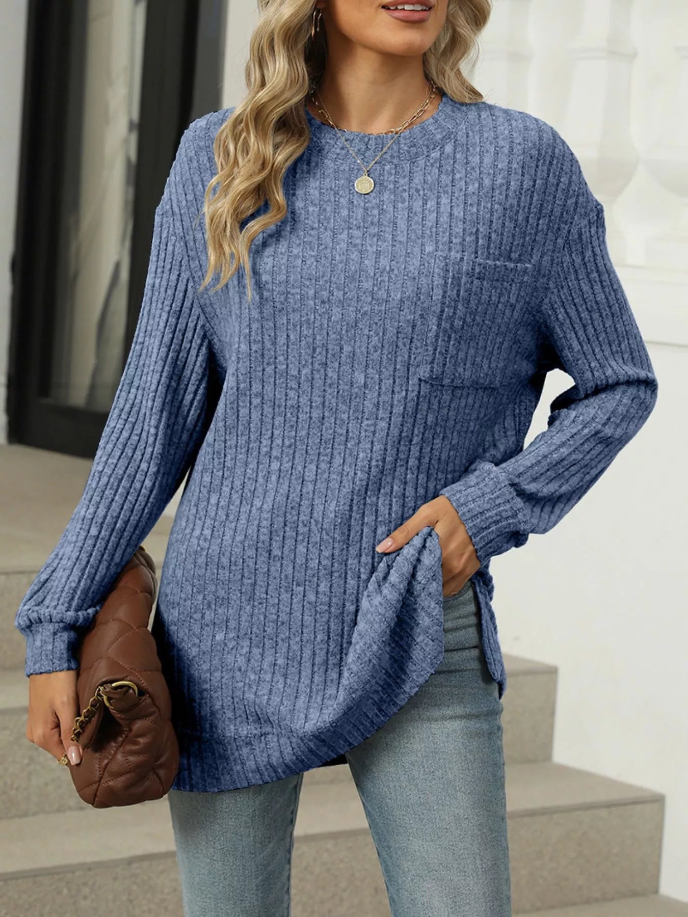 Ribbed Knit Round Neck Sweater