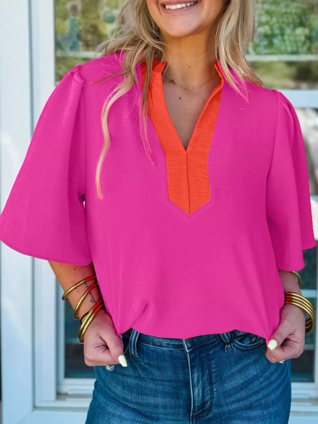 Notched Half Sleeve Blouse