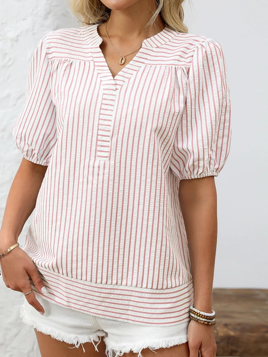 Striped Notched Puff Sleeve Blouse