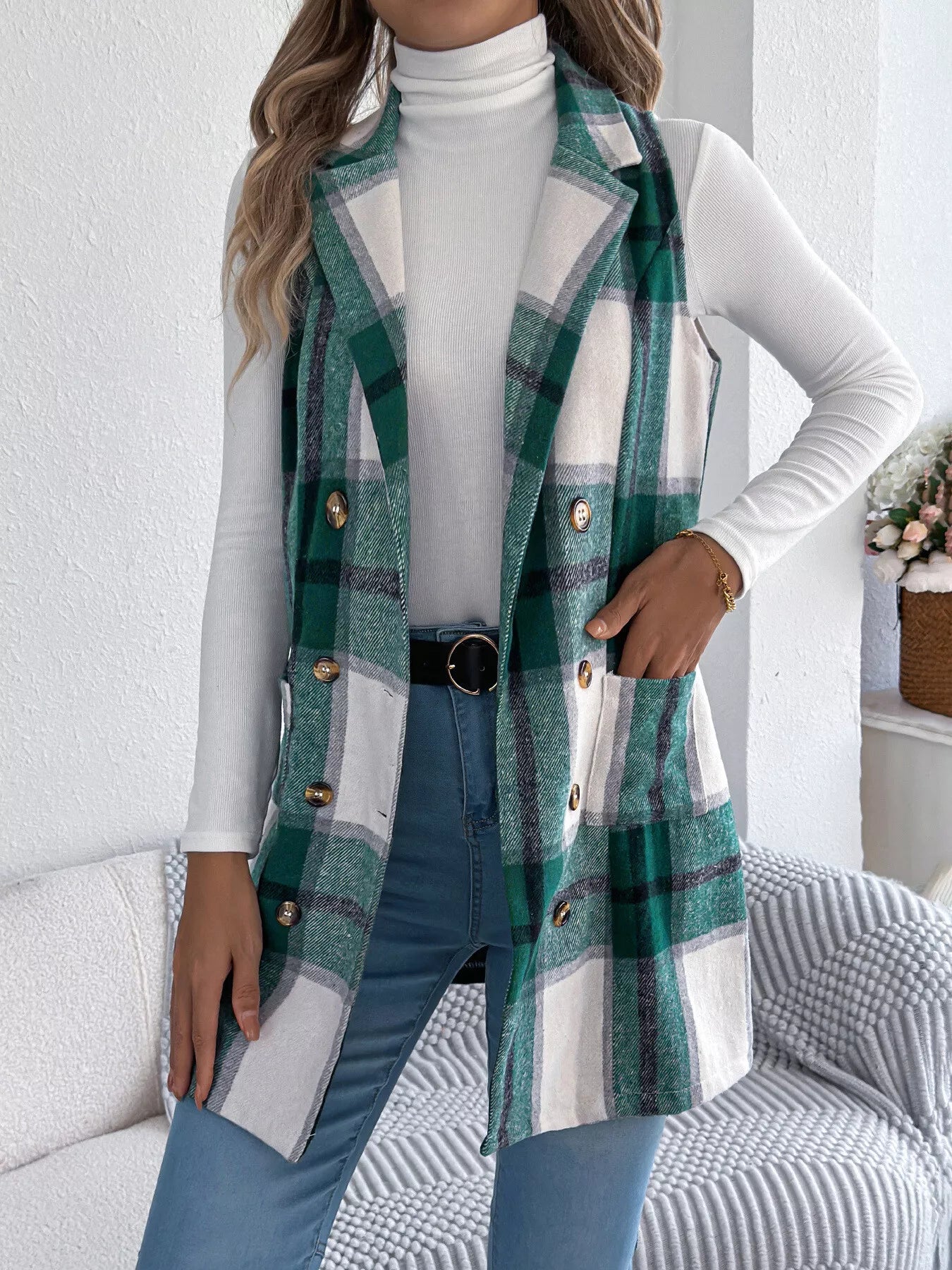 Plaid Double-Breasted Vest Coat