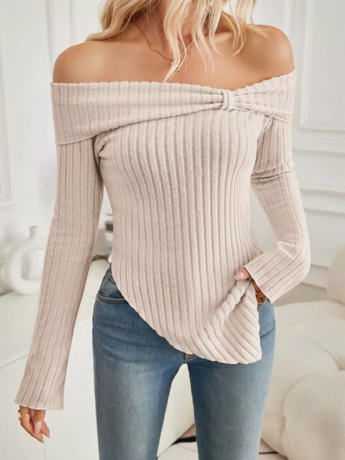 Off-Shoulder Ribbed Knit T-Shirt